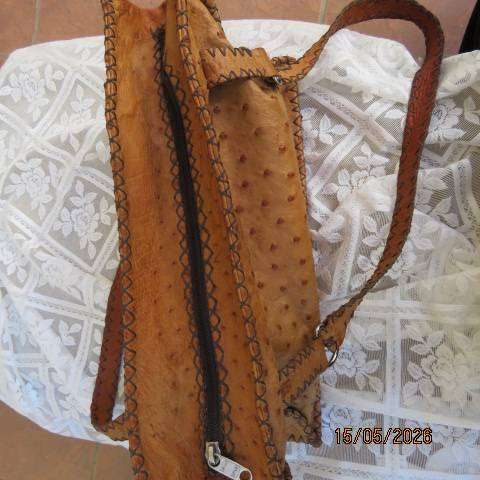 Genuine tan ostrich leather handmade handbag with zip closure - stands alone, 35cm x 20cm