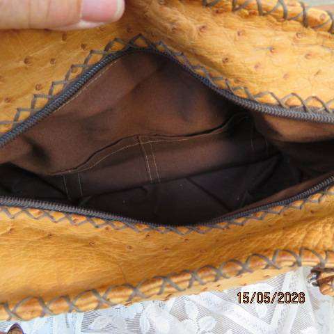 Genuine tan ostrich leather handmade handbag with zip closure - stands alone, 35cm x 20cm