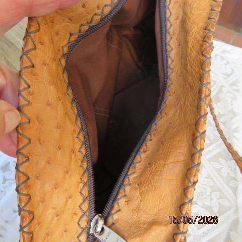 Genuine tan ostrich leather handmade handbag with zip closure - stands alone, 35cm x 20cm