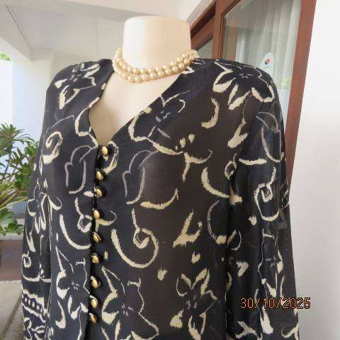 TRUWORTHS black sheer polyester long sleeve top with cream flowers. Size 40