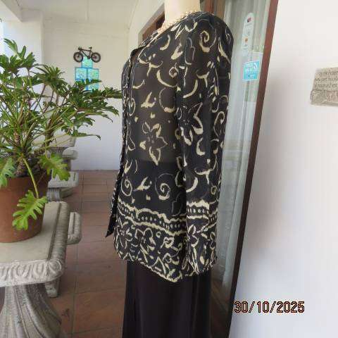 TRUWORTHS black sheer polyester long sleeve top with cream flowers. Size 40