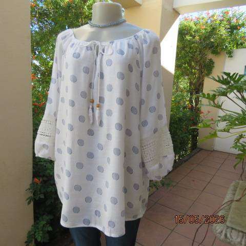 QUEENSPARK white viscose-nylon top with pale blue polka dots, size 42