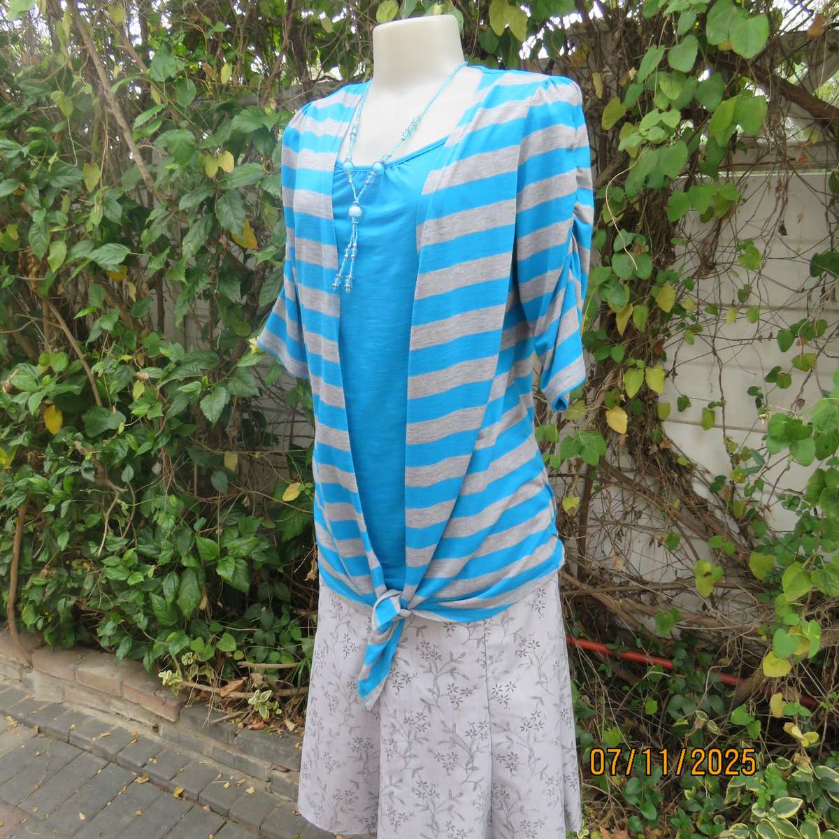 OBR turquoise-silver grey horizontal striped open top-turquoise attached front. Size 36