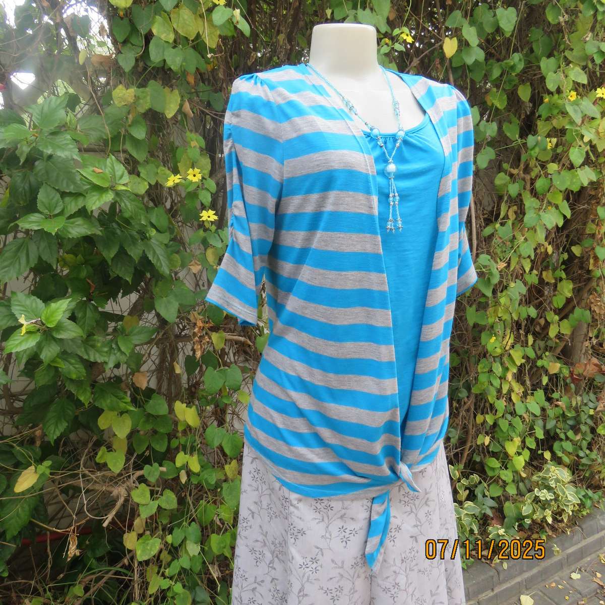 OBR turquoise-silver grey horizontal striped open top-turquoise attached front. Size 36