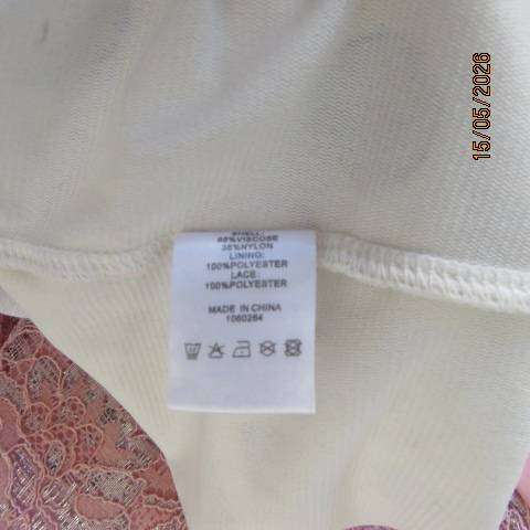QUEENSPARK white viscose-nylon top with pale blue polka dots, size 42