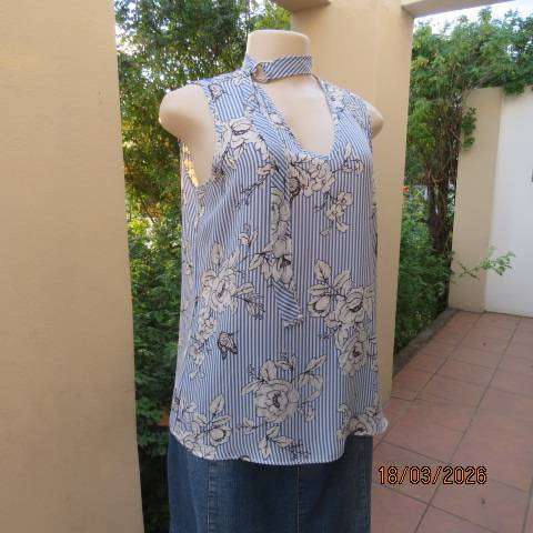 Massumi blue and white stripe sleeveless top with white floral print, size 34