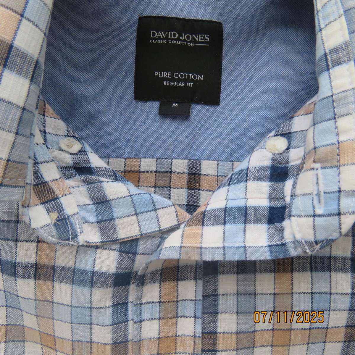 DAVID JONES men's pure cotton blue-tan-white check short sleeve shirt. Size M