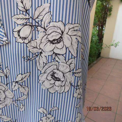 Massumi blue and white stripe sleeveless top with white floral print, size 34