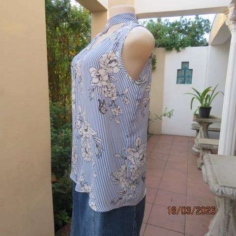 Massumi blue and white stripe sleeveless top with white floral print, size 34