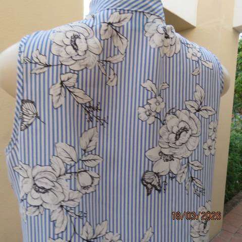 Massumi blue and white stripe sleeveless top with white floral print, size 34