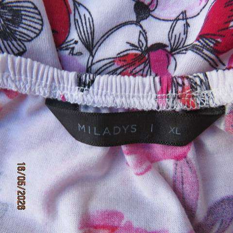 MILADYS long white polyester stretch top with pink-red flowers and butterflies, size 46-48