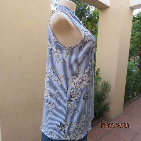 Massumi blue and white stripe sleeveless top with white floral print, size 34