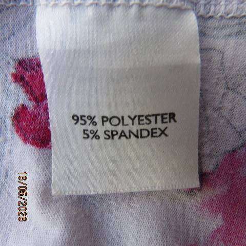 MILADYS long white polyester stretch top with pink-red flowers and butterflies, size 46-48