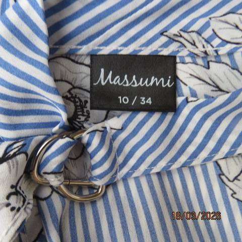 Massumi blue and white stripe sleeveless top with white floral print, size 34