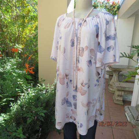 MILADYS white stretch polyester long top with blue and peach-beige leaf print, size 48