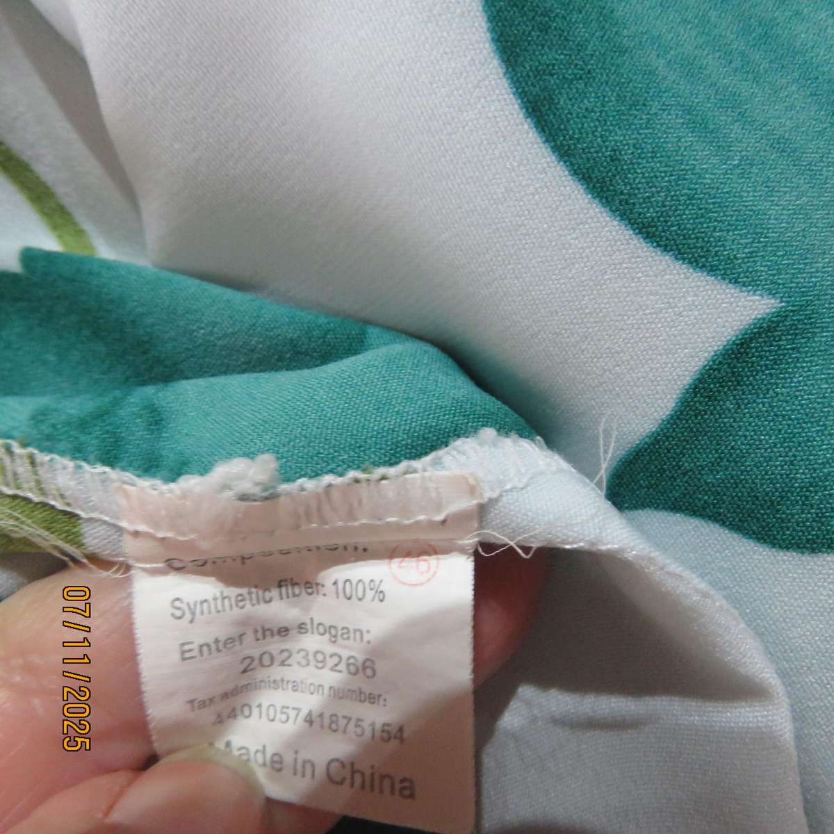 FULIDE soft viscose-polyester white long sleeve top. Jade-green floral print. Size 44