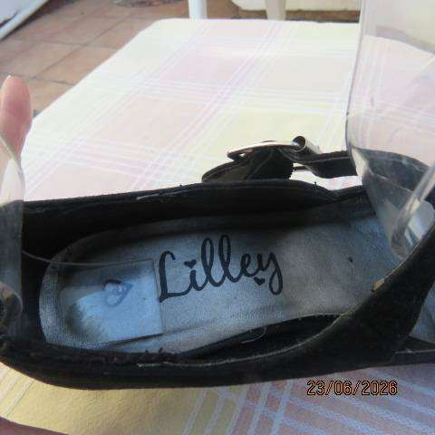LILLEY black suede look shoes women size 6 with rounded fronts and wide strap
