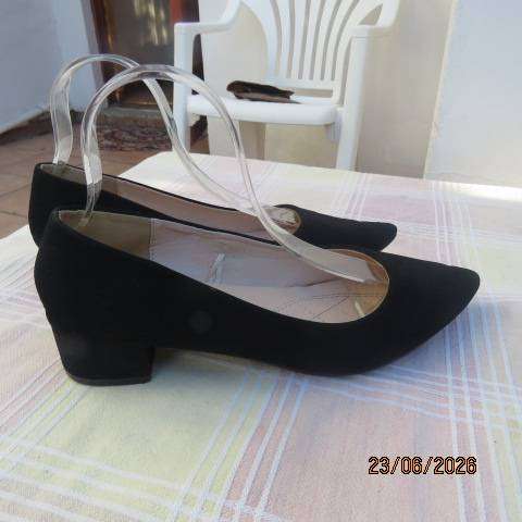 Black ladies suede look flat shoes with short heel, size 8