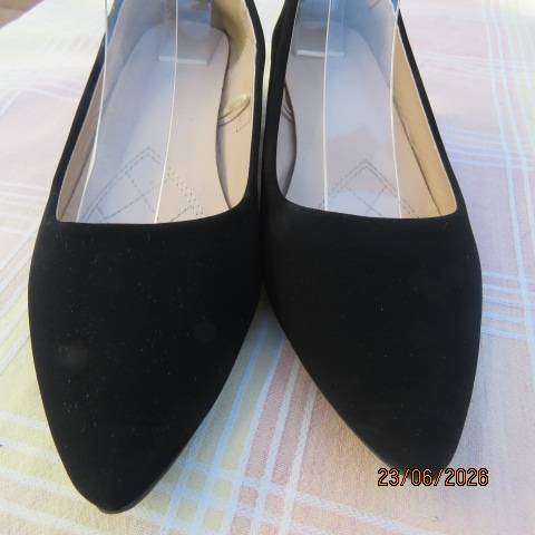Black ladies suede look flat shoes with short heel, size 8