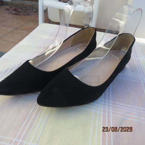 Black ladies suede look flat shoes with short heel, size 8