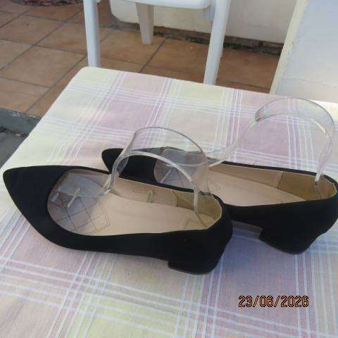 Black ladies suede look flat shoes with short heel, size 8