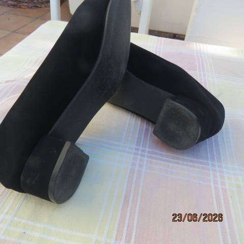 Black ladies suede look flat shoes with short heel, size 8