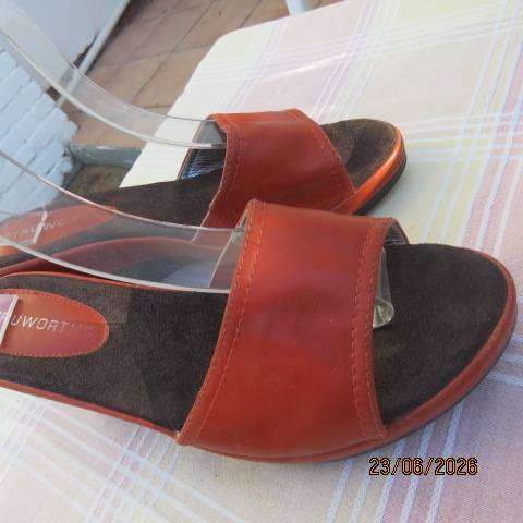 TRUWORTS rust colour wedge heel sandals with open toe and wide band, size 8