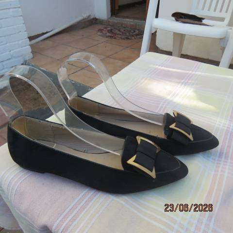 Legit ladies black suede look flat pointed shoes with buckle, size 4
