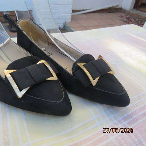 Legit ladies black suede look flat pointed shoes with buckle, size 4