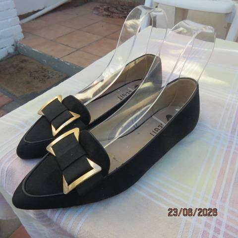 Legit ladies black suede look flat pointed shoes with buckle, size 4