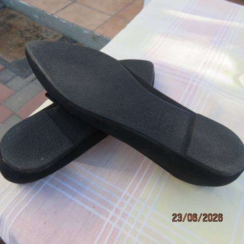 Legit ladies black suede look flat pointed shoes with buckle, size 4