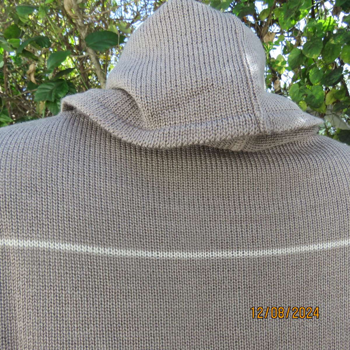 Fabulous PIACENZA long sleeve ecru poly/cotton knit  cardigan/cream stripes. Cowl collar 36 to 38