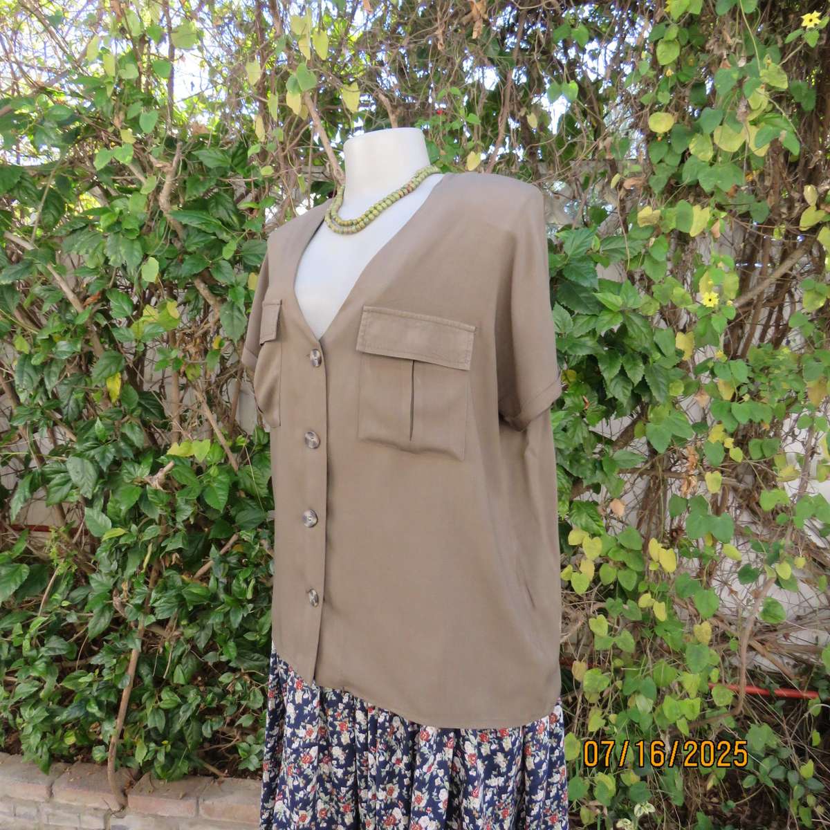 O R cool 100% viscose olive green V neck button down top size 40.