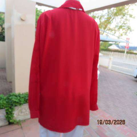 Yaohan scarlet red luxury embroidered long sleeve silky polyester blouse size 46-48