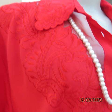 Yaohan scarlet red luxury embroidered long sleeve silky polyester blouse size 46-48