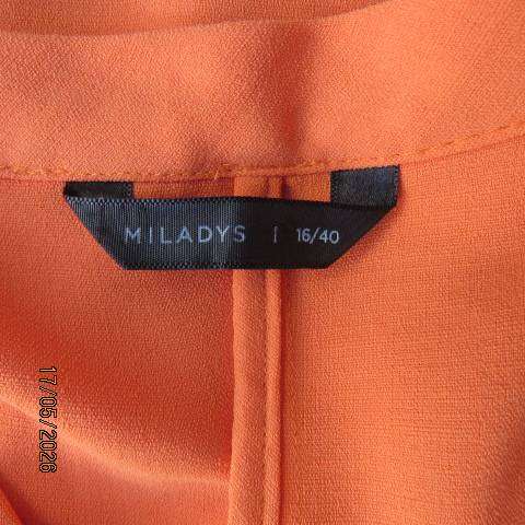 Miladys tangerine slip-over polyester top with tiny cut-on sleeves, size 44