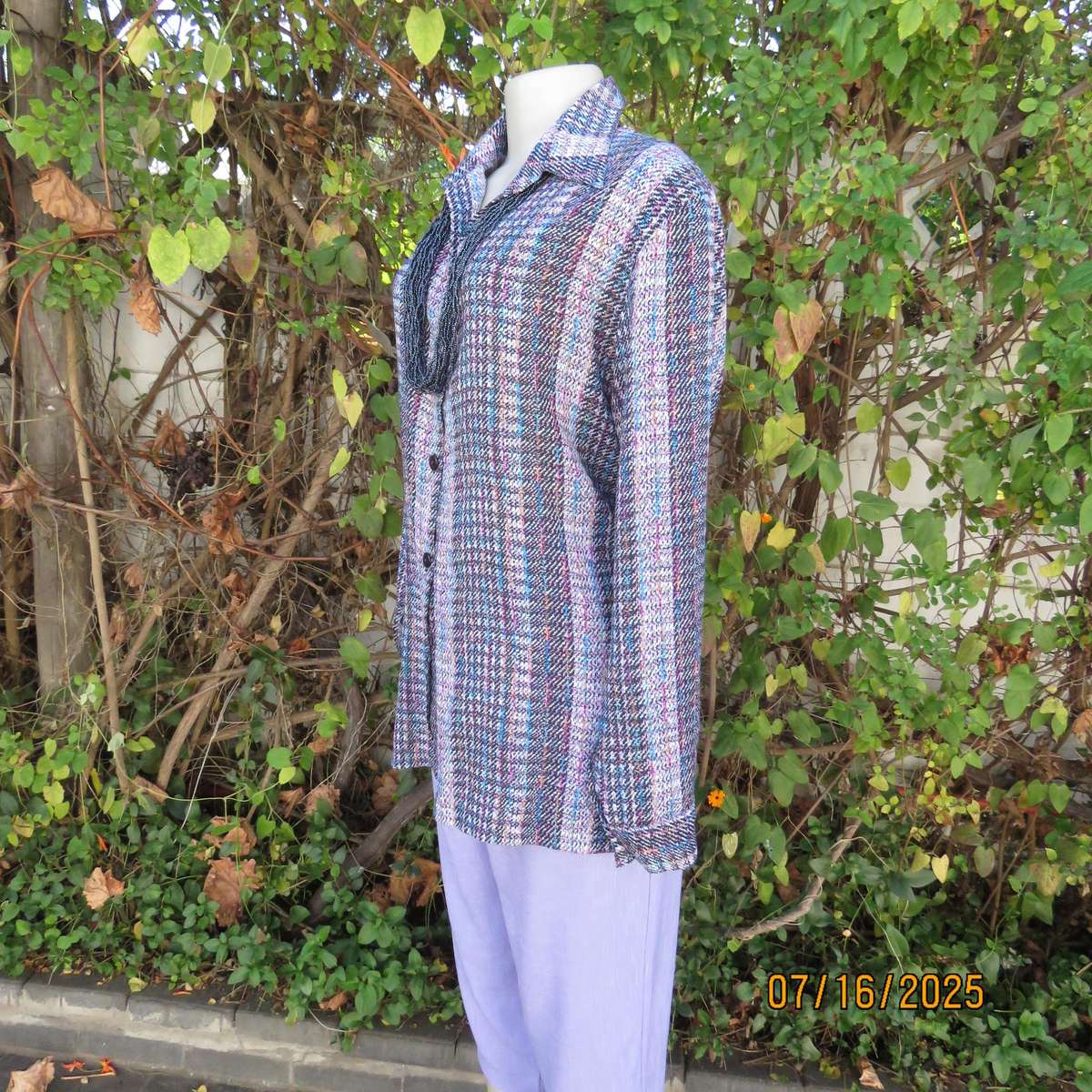 Tasteful check pattern long sleeve silky polyester top in blue-pink-black-white. Size 42