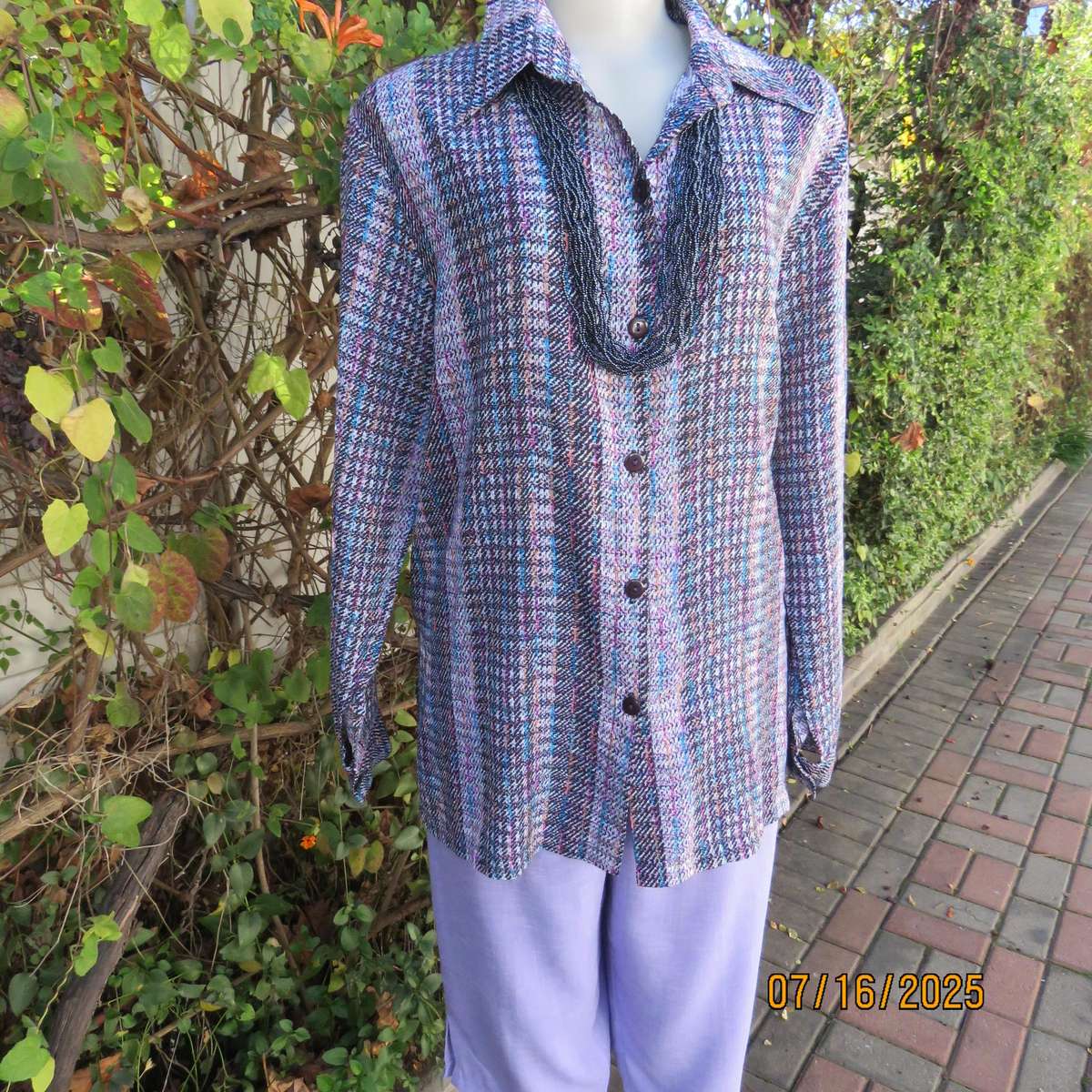 Tasteful check pattern long sleeve silky polyester top in blue-pink-black-white. Size 42