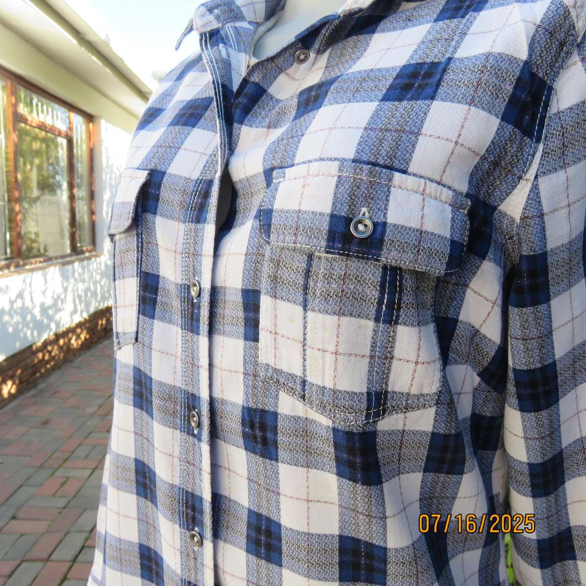 RE DENIM check long sleeve shirt in blue-white and gold thread. Two front pockets. Size 36