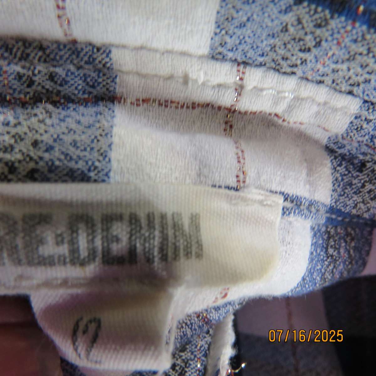 RE DENIM check long sleeve shirt in blue-white and gold thread. Two front pockets. Size 36