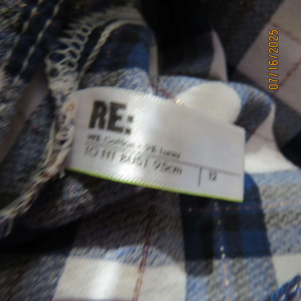 RE DENIM check long sleeve shirt in blue-white and gold thread. Two front pockets. Size 36