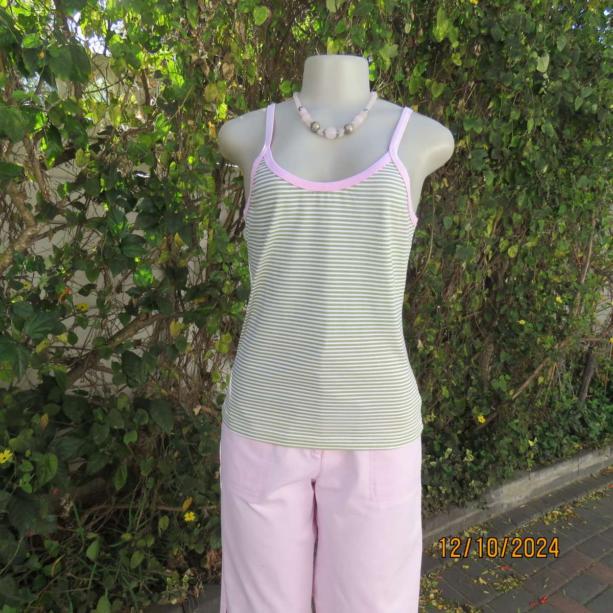 Chic olive green/white horizontal striped cotton top by INDIGO from Canada.Size 34/36. Pink edging.