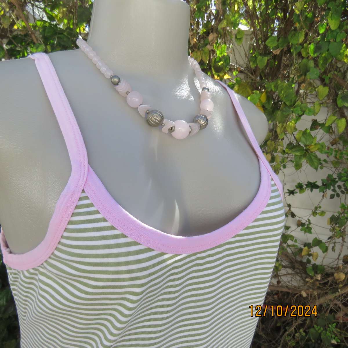 Chic olive green/white horizontal striped cotton top by INDIGO from Canada.Size 34/36. Pink edging.