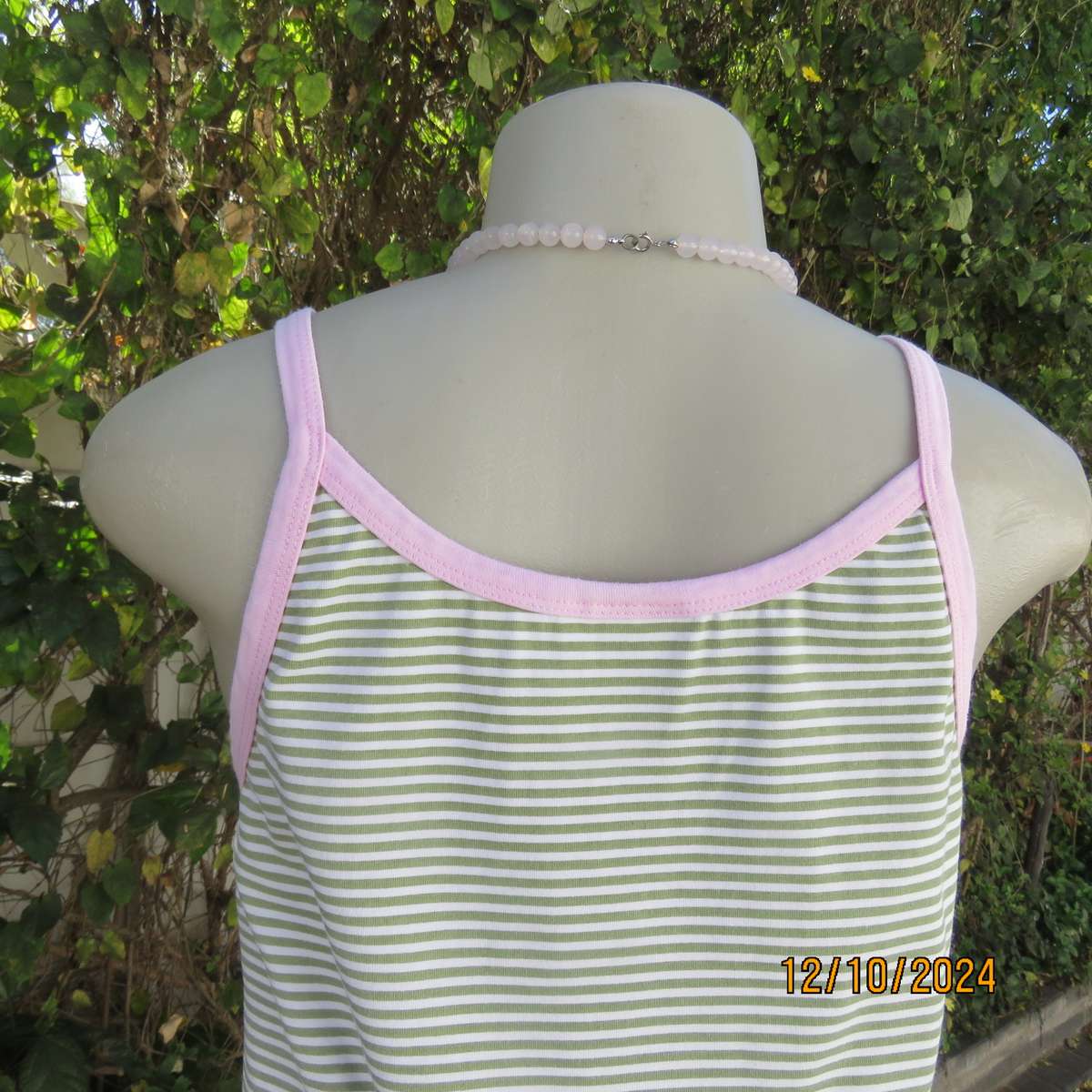 Chic olive green/white horizontal striped cotton top by INDIGO from Canada.Size 34/36. Pink edging.