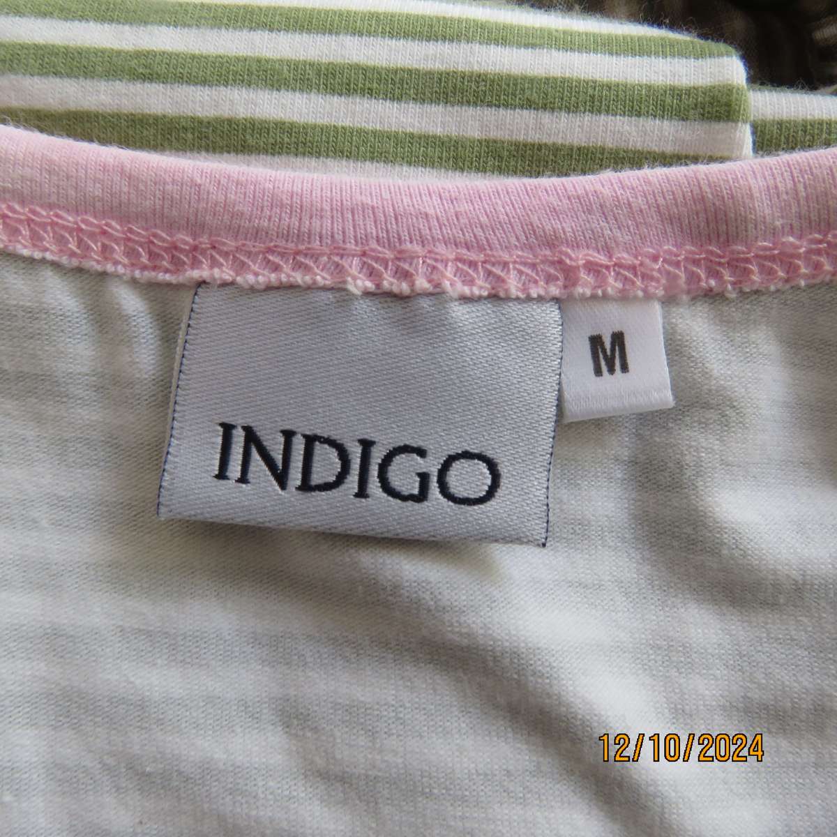 Chic olive green/white horizontal striped cotton top by INDIGO from Canada.Size 34/36. Pink edging.