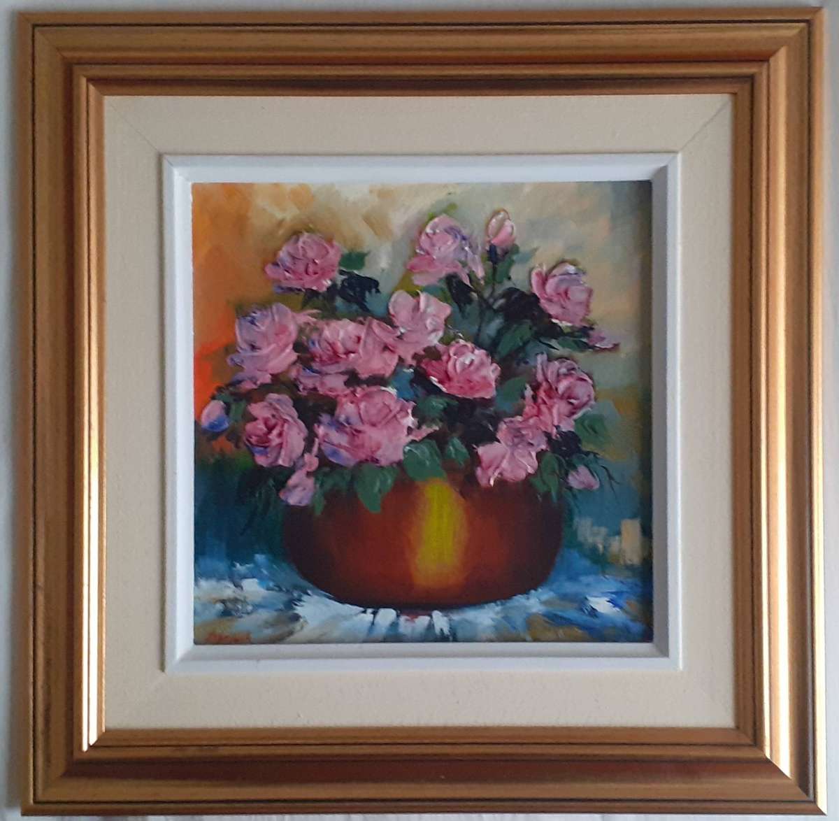 Pink Roses in Brass Vase - JOY CLARK