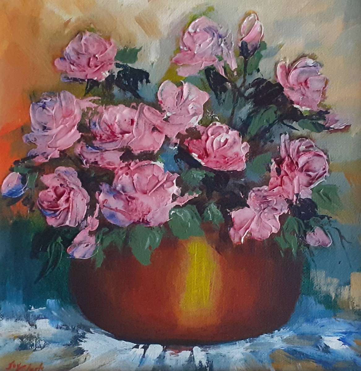 Pink Roses in Brass Vase - JOY CLARK