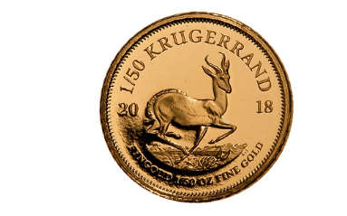 The 2018 South African 1 Rand 1/50oz Solid Gold Krugerrand coin in a capsule