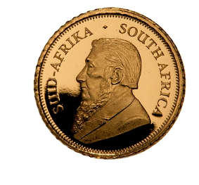 The 2018 South African 1 Rand 1/50oz Solid Gold Krugerrand coin in a capsule