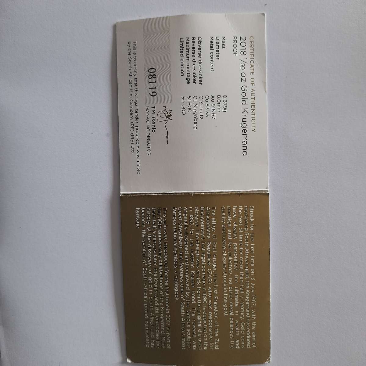 The 2018 South African 1 Rand 1/50oz Solid Gold Krugerrand coin in a capsule